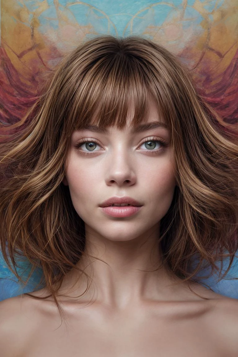 Abstract style art of (masterpiece, abstract art:1.3), envision a captivating abstract portrait that delves into the ethereal essence of a woman, Sydney Sweeney, Margot Robbie, with long brown hair, brown eyes, sheâs Colombian. This unique piece of art explores the intangible beauty and inner strength of the subject through a blend of colors, shapes, and textures. The woman's features are hinted at rather than defined, allowing the viewer to interpret her presence through the interplay of light and shadow. Soft pastel hues swirl and merge, evoking a sense of tranquility and mystery. The composition is dynamic and fluid, with organic forms that suggest movement and emotion. Each brushstroke or digital element contributes to the overall sense of depth and complexity, inviting viewers to contemplate the unseen layers of the woman's identity and spirit. This abstract portrait is a mesmerizing exploration of the ephemeral and the eternal, capturing the essence of femininity in a truly unique and artistic way, <lora:add_detail:1>., Non-representational, colors and shapes, expression of feelings, imaginative, highly detailed