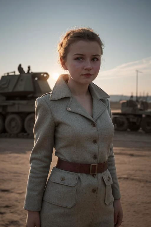 award winning film still, full shot photo of a russian girl, smirk, wearing an old used worn out soviet outfit, exquisite backlighting, dramatic LUT