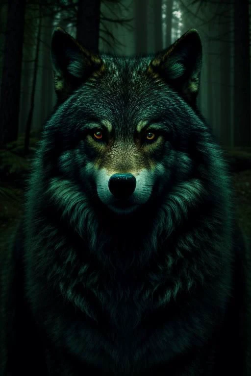 Portrait Photo like a hollywood movie, woman in the woods, dramatic storytelling, sharp focus on main motive, footage by talented director, green:1.2 eerie lighting, big wolf waits for her