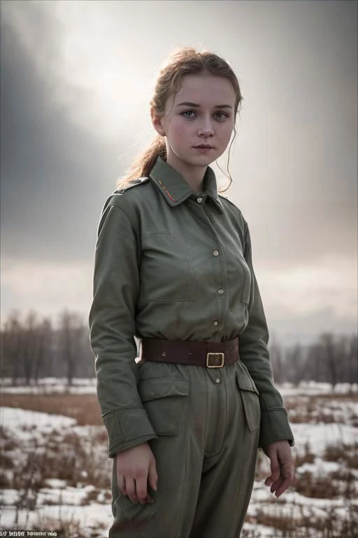 award winning film still, full shot photo of a russian girl, smirk, wearing an old used worn out soviet outfit, exquisite backlighting, dramatic LUT