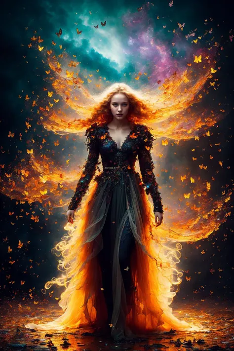 a woman in a long dress with fire flowing through her hair