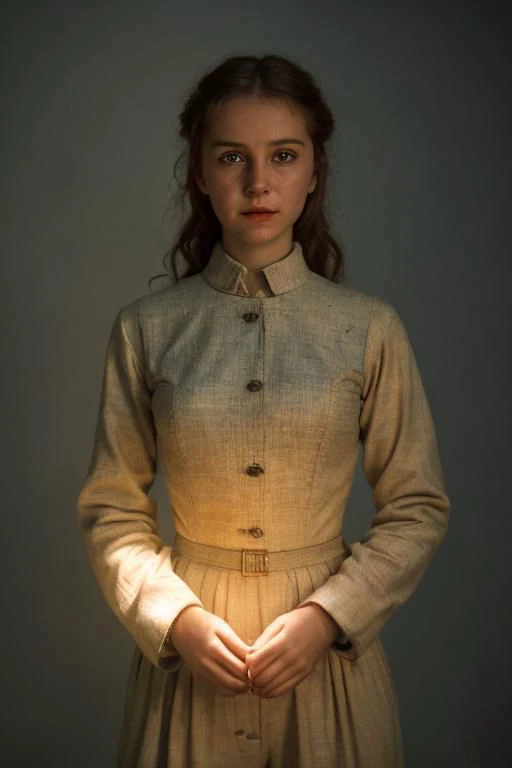 award winning film still, full shot photo of a russian girl, smirk, wearing an old used worn out soviet outfit, exquisite backlighting, dramatic LUT