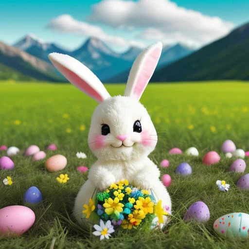 a cute smiling easterbunny with colorfull eggs in a green field with flowers, mountains in the background