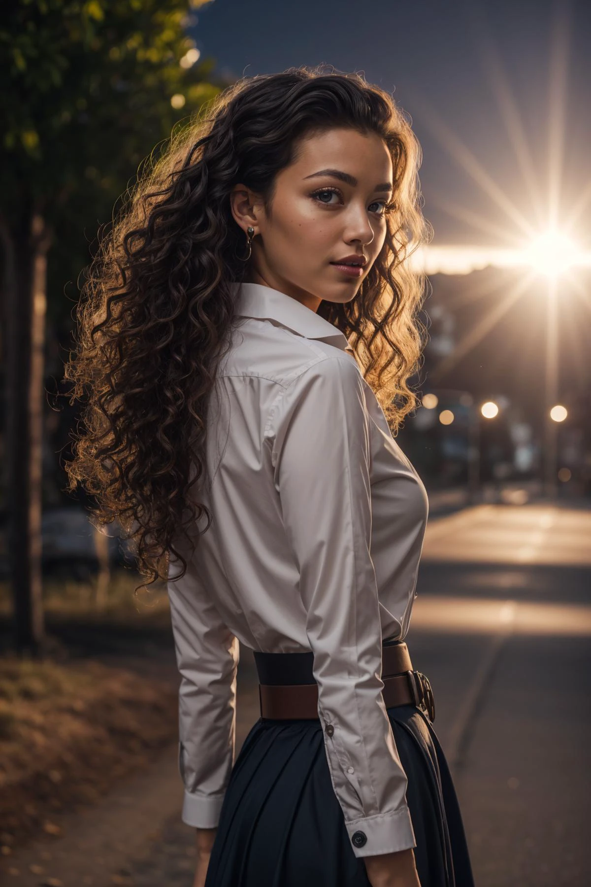 1girl,belt, black hair, brown eyes, curly hair, forehead, lips, long hair, looking at viewer, messy hair, solo, curly hair, dark-skinned female, dark skin, grey eyes, park, long skirt, collared shirt, lens flare, day,
masterpiece, best quality, intricate