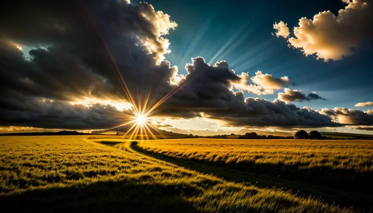 A vivid sky stretches overhead, casting its brilliance upon the serene Irish countryside, The camera captures a broad panorama, revealing a shamrock-strewn field that seems to whisper tales of ancient Celtic magic, a field with "shamrock" and a sunset in the background with clouds and sun rays coming through the clouds, beautiful irish landscape, color field, (shamrock)