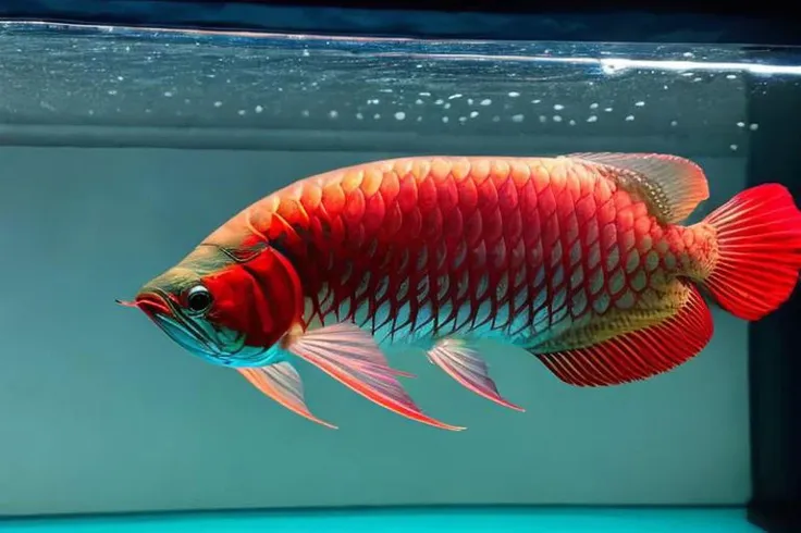 a red  Arowana fish , 35mm film movie still, ultra photorealistic, photorealism, film grain, taken with hasselblad H6D 100c, the HCD 24mm lens, cinematic dramatic lighting, cold muted colors, (DOF:1.4), sharp focus, (perfect real extremely details), amazing fine detail, absurdres, hyper realistic lifelike texture, dramatic lighting  <lora:Mr_Arowana_LORA:1>