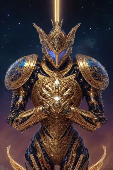 a gold armored man with a sword and armor on his chest