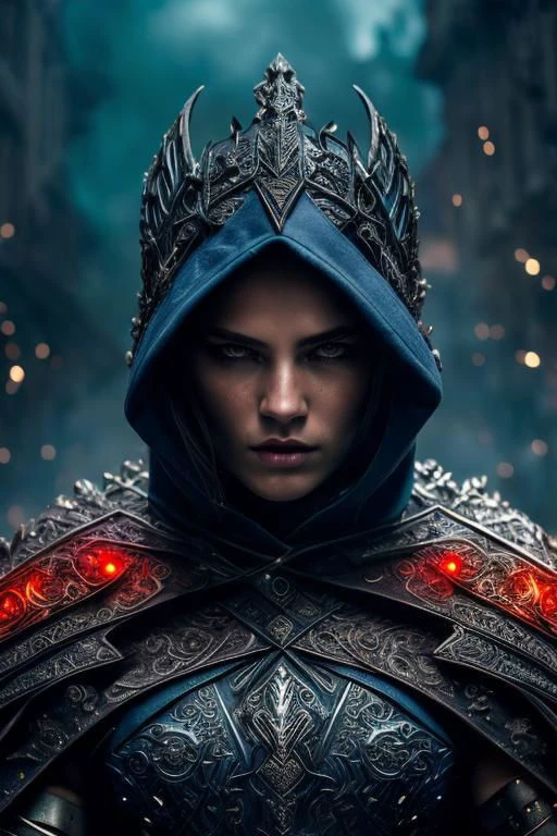 powerfull , full body,muscular body, ((male warrior))rogue assassin,leather hoodie , full body armour, a crystal made katana angry man , look blood stained cape right shoulder on blue fire hyper realistic cosmic city background, tall structures, aurora background, perfect detailed face, perfect hands,detailed symmetric circular iris, shadow black magic, apocalyptic, blue lightning effects, dark blue sky , infernal city background, tall structures, infernal towers background, dark blue colors, apocalyptical,realistic, stunning realistic photograph, 3d render, octane render, intricately detailed, cinematic, Isometric, dark fantasy theme, mystical, Dark theme, underworld theme, deviant art masterpiece, white skin, crimson eyes, dark tattoos, colour grading, dark illustration, extreme quality, extremely detailed, ultra-detailed face, ultra hd 8k,red lightning, concept art, hyperdetailed, triadic colours, fantastical, intricate detail, splash screen, complementary colours, fantasy concept art, 8k resolution, soft lighting, film photography, film grain, hyperrealist