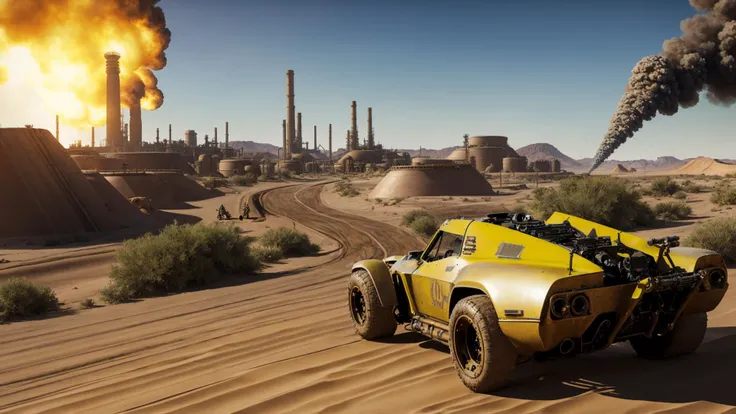 in a post apocalyptic desert wasteland,arizona desert cliffs,rocky cliffs in the background,cactus,(a race car driver wearing ripped leather jacket and ripped dusty jeans is posing really cool and badass next to his car, his car is a road warrior car, his car is a muscle car with spiked wheels and machine guns welded to the roof),in the far distance is factory smokestacks,a vast desert wasteland with sand dunes,a dirt race track in the desert,oil spills and land mines are all over near the race track,(dieselpunk post apocalyptic oil refinery in the far distance),scifi landmines in the sand,oil spills in the sand,a path of flames behind the speeding car,missiles flying and exploding and destroying a dune buggy in the distance,a dieselpunk battle tank and the distance is shooting at the viewer,smoke and fire,lasers,(man is driving the car and smiling and wearing aviator sunglasses),a cool dude driving a badass car shooting machine guns,(award winning digital artwork,amazing videogame concept art,high quality masterpiece digital artwork)
