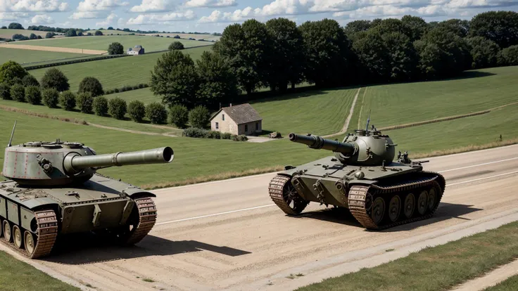 <lora:zAst_xlSaving Private Ryan Cinematic Film Style:0.85>,Saving Private Ryan Cinematic Film Style,(overlooking a field with an armored car situated with its cannon pointing towards a road between two buildings in the distance),world war 2 france,old french farm village,hedgerow,a field with a dirt road and a small village in the distance,