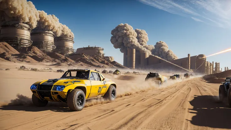 in a post apocalyptic desert wasteland,arizona desert cliffs,rocky cliffs in the background,cactus,(a race car driver wearing ripped leather jacket and ripped dusty jeans is posing really cool and badass next to his car, his car is a road warrior car, his car is a muscle car with spiked wheels and machine guns welded to the roof),in the far distance is factory smokestacks,a vast desert wasteland with sand dunes,a dirt race track in the desert,oil spills and land mines are all over near the race track,(dieselpunk post apocalyptic oil refinery in the far distance),scifi landmines in the sand,oil spills in the sand,a path of flames behind the speeding car,missiles flying and exploding and destroying a dune buggy in the distance,a dieselpunk battle tank and the distance is shooting at the viewer,smoke and fire,lasers,(man is driving the car and smiling and wearing aviator sunglasses),a cool dude driving a badass car shooting machine guns,(award winning digital artwork,amazing videogame concept art,high quality masterpiece digital artwork),(3 cars are racing and shooting guns and missiles and lasers at each other, cars explosion, firey dust),sand storm in the distance