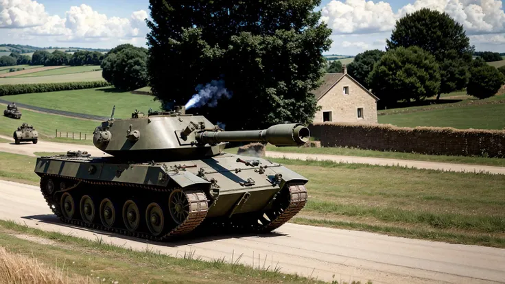 <lora:zAst_xlSaving Private Ryan Cinematic Film Style:0.85>,Saving Private Ryan Cinematic Film Style,(overlooking a field with an armored car situated with its cannon pointing towards a road between two buildings in the distance),world war 2 france,old french farm village,hedgerow,a field with a dirt road and a small village in the distance,