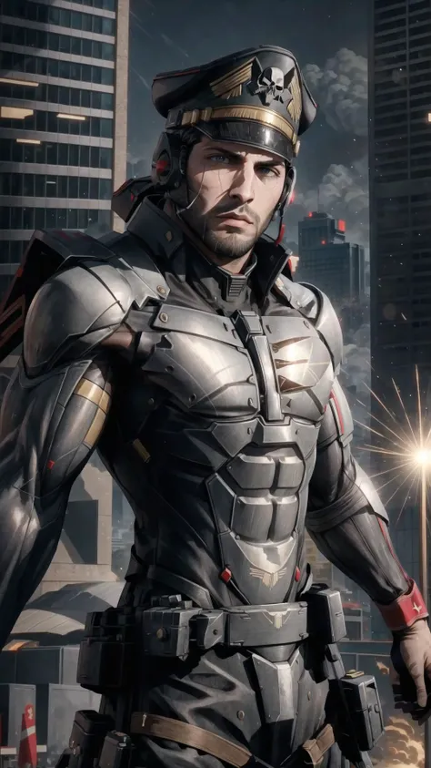 <lora:edgWar40kCommissarv1:0.75> edgCommissar, millitary uniform, epaulettes, skull emblem, hat, wearing edgCommissar, BREAK, <lora:JetstreamSam:0.5> JetstreamSam, cyborg, bodysuit, beard, masterpiece, best quality, extremely detailed, highly quality, 4k, sharp focus, professional, sharp focus, award winning, cinematic lighting, octane render, unreal engine, volumetrics dtx, Wallpaper,