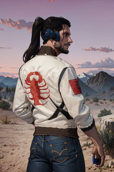 High Quality, Masterpiece, <lora:drivejacket-outfit-richy-v1:0.8> (print jacket, white jacket), from behind, jeans, outdoors, sunset, Jetstream Sam, facial hair, male focus, beard, cyborg, <lora:Char_MGR_JetstreamSam:0.75>, arizona, desert,