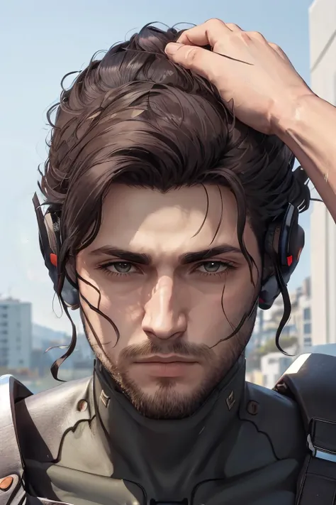 ultra detailed, sharp focus, best quality, masterpiece, colorful, lora:HeadpatPOVV2:1> IncrsHeadpatPOV, pov, (headpat:1.3), <lora:JetstreamSam:0.9> JetstreamSam, upper body shot, male focus, 1boy, male, hand, headpat, POV, looking at the viewer, hand on another's head