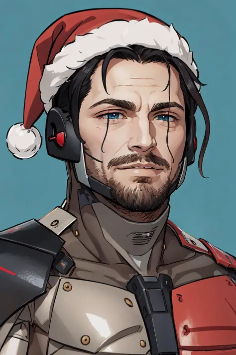 Jetstream Sam, facial hair, male focus, beard, cyborg, <lora:Char_MGR_JetstreamSam:0.75>, santa hat, christmas, chibi, <lora:Style_DarkCabalChibi:1.2>, upper body, smirk, simple background, blue background, wide shot,