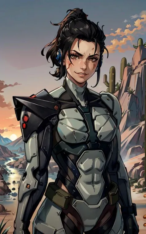 masterpiece, best quality, absurdres, highres, lots of details, perfect image, 1 woman, mature woman,HDR, short hair, hair slicked back, (metal gear rising), ((black short slicked back hair tied in short ponytail)), evil smirk, medium breasts, (black hair:1.2),((buffed girl)), beige bodysuit, cyborg, cowboy shot, menacing, serious, looking at viewer, shoulder pad, ((desert:1.2, dark orange filter, dark orange sky, scar on the eye))
