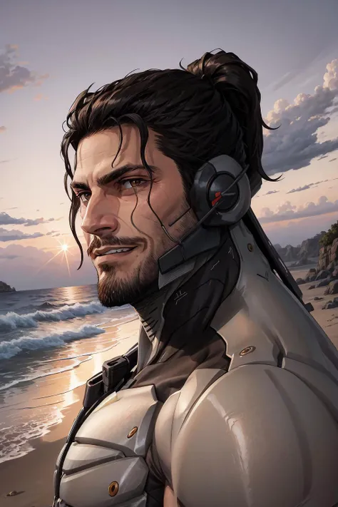 High Quality, Masterpiece, Jetstream Sam, facial hair, male focus, beard, cyborg, <lora:Char_MGR_JetstreamSam:0.75>, smirk, upper body, from side, muscular male, looking at viewer, sunset,