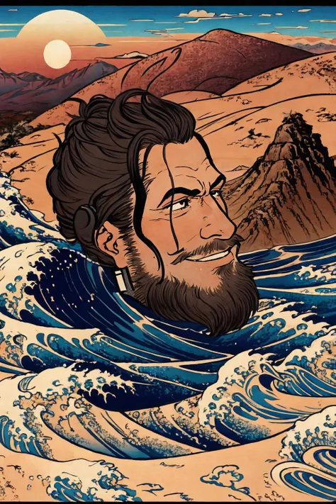 High Quality, Masterpiece, <lora:Yomama_Edo_artstyle:0.8> yomama_edo, cloud, desert, sunset, wave, mountain, Jetstream Sam, facial hair, male focus, beard, cyborg, <lora:Char_MGR_JetstreamSam:0.75>, upper body, smirk, from side, looking at viewer,