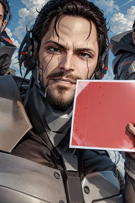 Tankstancememe, <lora:TankStanceMeme:1>, holding, holding a sign, Jetstream Sam, facial hair, male focus, beard, cyborg, <lora:Char_MGR_JetstreamSam:0.75>, smirk, solo,