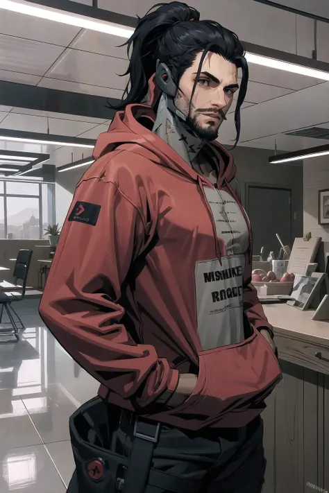 High Quality, Masterpiece, RHG, wearing RHG_hoodie, red hoodie, <lora:Outfit_LittleRedHoodies:1>, Jetstream Sam, facial hair, male focus, beard, cyborg, <lora:Char_MGR_JetstreamSam:0.7>, cowboy shot, indoors, hand in pocket,