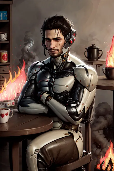 Highly detailed, High Quality, Masterpiece, beautiful, sharp focus, shiny skin, best quality, perfect anatomy:1.4, high detailed, 8k, highres, lineart, sketch, (masterpiece:1.4), (highest quality:1.4), (sharp focus:1.2), (colored:1.3), (digital painting:1.1), 8k wallpaper, (tight gap:1.2), (detailed face and eyes:1.15), (1boy, solo:1.5), jetstream sam, facial hair, male focus, beard, cyborg, <lora:Jetstream_Sam-09:0.8>, scar, scar on face, ThisIsFine, crossed_arms, table, coffee_mug, steaming coffee, staying positive, surrounded by flames, fire, sitting, smoke, <lora:Pos_ThisIsFine:0.7>