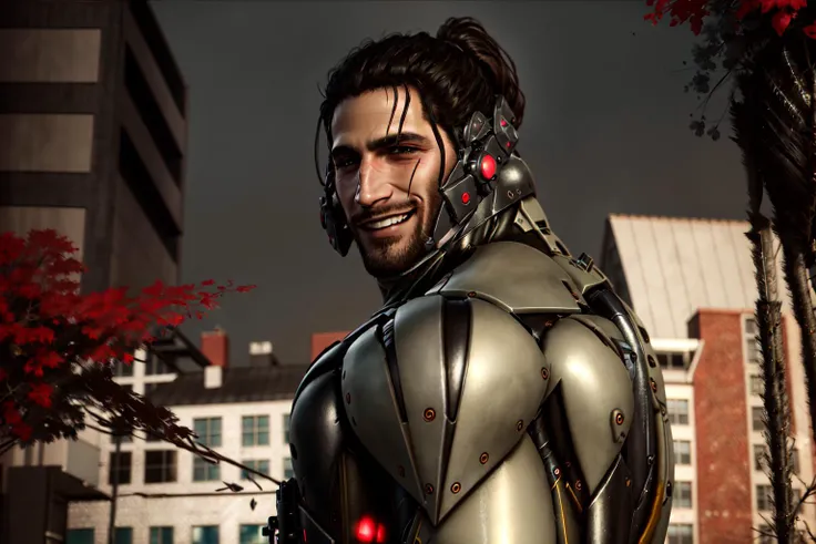 Highly detailed, High Quality, Masterpiece, beautiful, sharp focus, shiny skin, best quality, perfect anatomy:1.4, high detailed, 8k, highres, lineart, sketch, (masterpiece:1.4), (highest quality:1.4), (sharp focus:1.2), (colored:1.3), (digital painting:1.1), 8k wallpaper, (tight gap:1.2), (1boy, solo:1.5), jetstream sam, facial hair, male focus, beard, cyborg, <lora:Jetstream_Sam-09:0.9>, smile, looking at viewer,