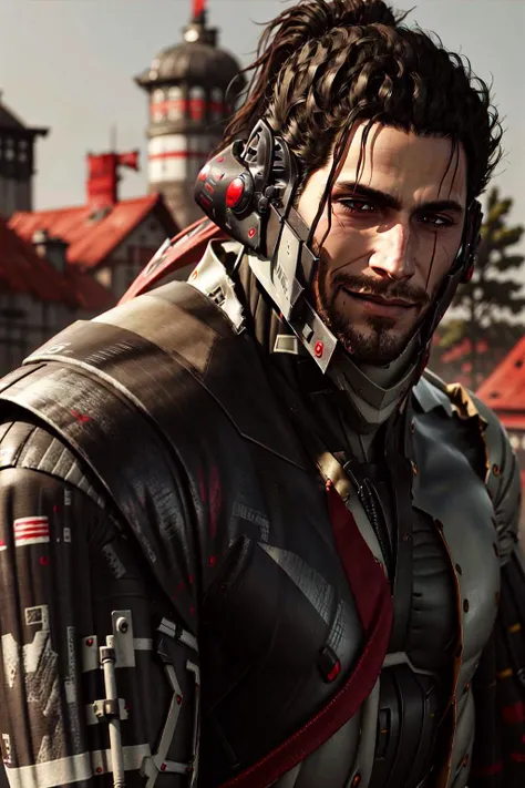Highly detailed, High Quality, Masterpiece, beautiful, sharp focus, shiny skin, best quality, perfect anatomy:1.4, high detailed, 8k, highres, lineart, sketch, (masterpiece:1.4), (highest quality:1.4), (sharp focus:1.2), (colored:1.3), (digital painting:1.1), 8k wallpaper, (tight gap:1.2), (detailed face and eyes:1.15), (1boy, solo:1.5), jetstream sam, facial hair, male focus, beard, cyborg, <lora:Jetstream_Sam-09:0.8>, smile, hand on own face, closed mouth, outfit sekiro, <lora:Outfit_Sekiro:1>