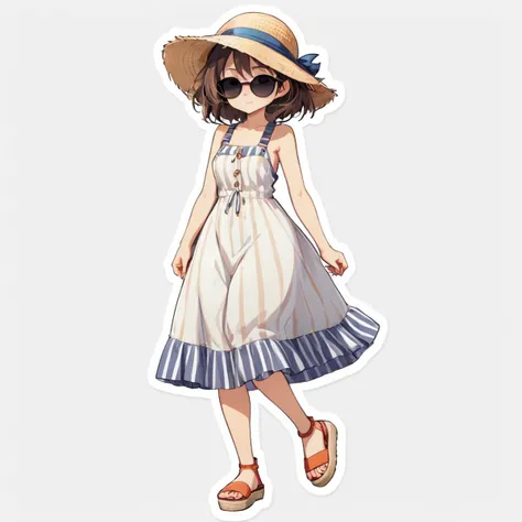 anime girl sticker, Striped sundress, Espadrille sandals, Wide-brimmed hat, Sunglasses, white background <lora:StickersRedmond:1>