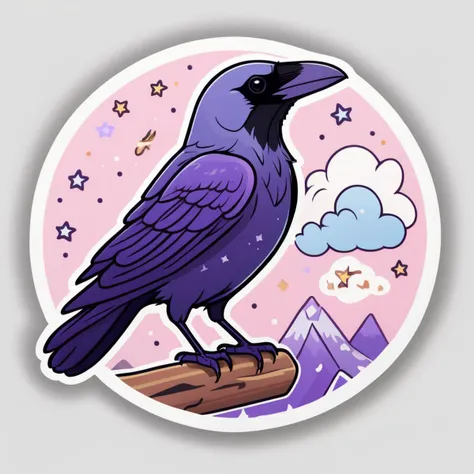 Cute tiny raven, dusk, stars, clouds, kawaii style, circular border, vivid, (((sticker, stickers, <lora:StickersRedmond:1>))), flat colors, black outline, white background