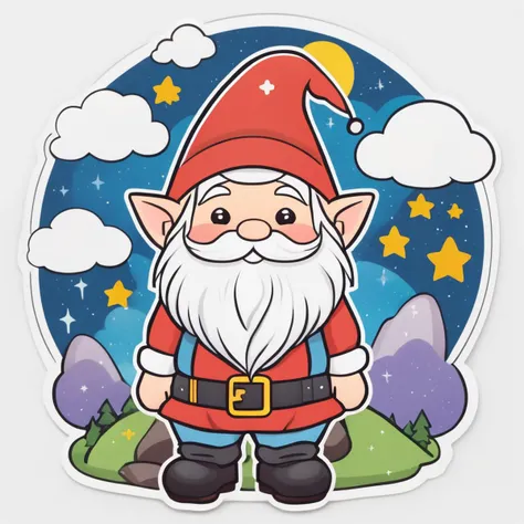 Cute gnome, mid-night, stars, clouds, kawaii style, circular border, vivid, (((sticker, stickers, <lora:StickersRedmond:1>))), flat colors, black outline, white background