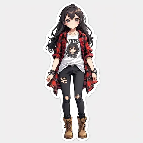 anime girl sticker, Flannel shirt, Band tee, Black skinny jeans, Lace-up boots, white background <lora:StickersRedmond:1>