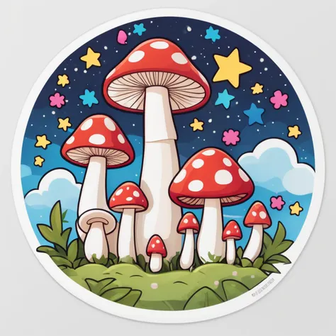 Cute mushrooms, mid-night, stars, clouds, kawaii style, circular border, vivid, (((sticker, stickers, <lora:StickersRedmond:1>))), flat colors, black outline, white background