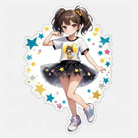 anime girl sticker, Tutu skirt paired with a graphic tee and glittery sneakers, white background <lora:StickersRedmond:1>