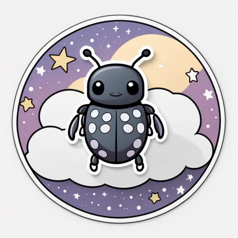 Cute tiny darkling beetle, dusk, stars, clouds, kawaii style, circular border, (((sticker, stickers, <lora:StickersRedmond:1>))), flat colors, black outline, white background