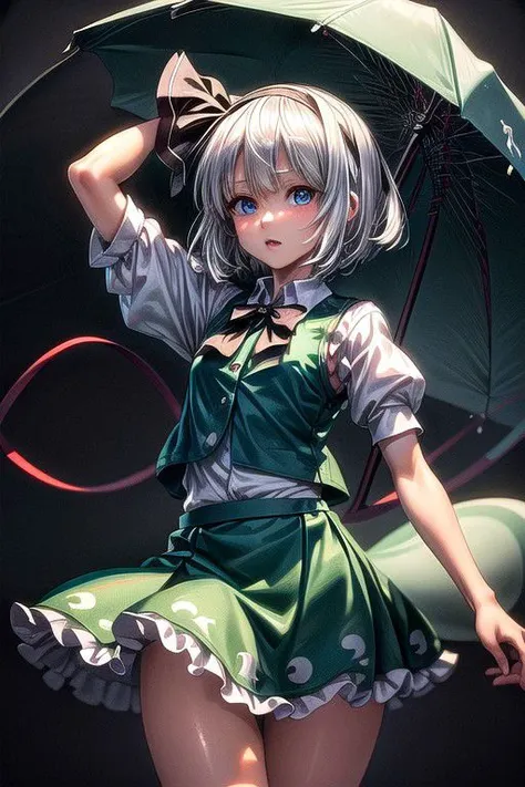 konpaku_youmu_touhou, normal ears, human ears, sshort_hair, ribbon, hairband, black_hairband, hair_ribbon, black_ribbon, bangs, white_hair, vest, blue_eyes, green_vest, sword, katana, hitodama, bow, blush, black_bow, grey_hair, white dress, hat, sailor collar, (masterpiece:1.1)intricate eyes,beautiful detailed eyes,symmetrical eyes,(deep blue eyes), (glowing eyes:1), glowing eyes,((((lustrous skin:1.5,tanned skin,bright skin: 1.5, shiny skin,shiny body,Reflective skin)))),(detailed face)),beautiful detailed lips, cute,opulent,sumptuous,(centered,scale to fit dimensions,Rule of thirds), (ultra detailed,extremely detailed),(photorealistic artwork:1.37),(extremely detailed CG unity 8k wallpaper),(((vibrant colors,vibrant theme))),(intricate),(masterpiece),(best quality),