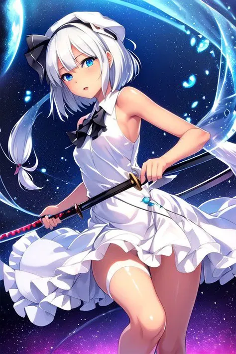 konpaku_youmu_touhou, normal ears, human ears, short_hair, ribbon, hairband, bangs, white_hair, blue_eyes, sword, katana, hitodama, bow, blush, uniform, dress, white dress, hat, sailor collar, (masterpiece:1.1)intricate eyes,beautiful detailed eyes,symmetrical eyes,(deep blue eyes), (glowing eyes:1), glowing eyes,((((lustrous skin:1.5,tanned skin,bright skin: 1.5, shiny skin,shiny body,Reflective skin)))),(detailed face)),beautiful detailed lips, cute,opulent,sumptuous,(centered,scale to fit dimensions,Rule of thirds), (ultra detailed,extremely detailed),(photorealistic artwork:1.37),(extremely detailed CG unity 8k wallpaper),(((vibrant colors,vibrant theme))),(intricate),(masterpiece),(best quality),