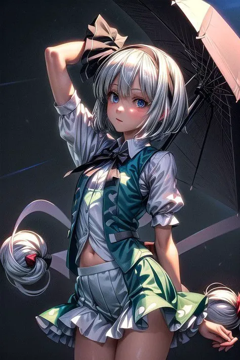 konpaku_youmu_touhou, normal ears, human ears, sshort_hair, ribbon, hairband, black_hairband, hair_ribbon, black_ribbon, bangs, white_hair, vest, blue_eyes, green_vest, sword, katana, hitodama, bow, blush, black_bow, grey_hair, white dress, hat, sailor collar, (masterpiece:1.1)intricate eyes,beautiful detailed eyes,symmetrical eyes,(deep blue eyes), (glowing eyes:1), glowing eyes,((((lustrous skin:1.5,tanned skin,bright skin: 1.5, shiny skin,shiny body,Reflective skin)))),(detailed face)),beautiful detailed lips, cute,opulent,sumptuous,(centered,scale to fit dimensions,Rule of thirds), (ultra detailed,extremely detailed),(photorealistic artwork:1.37),(extremely detailed CG unity 8k wallpaper),(((vibrant colors,vibrant theme))),(intricate),(masterpiece),(best quality),