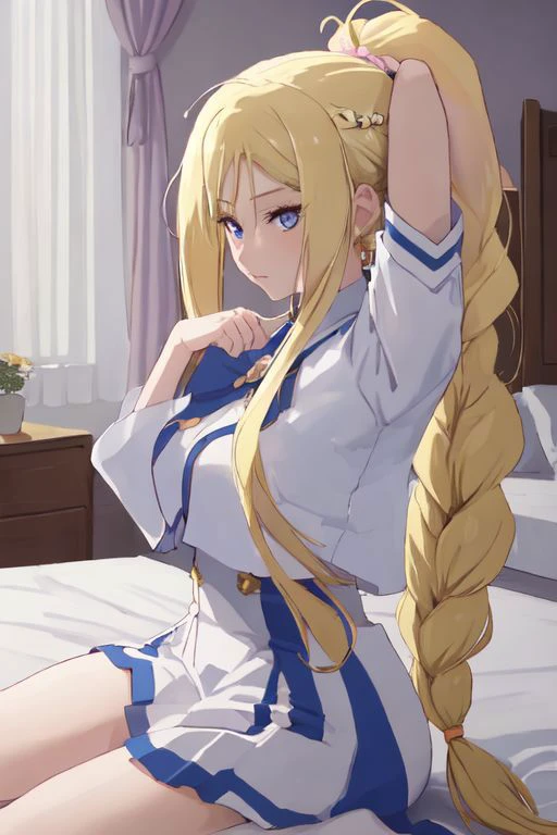 ((best quality)), pretty, aliciaf, blonde hair,braided ponytail,blue eyes, bedroom