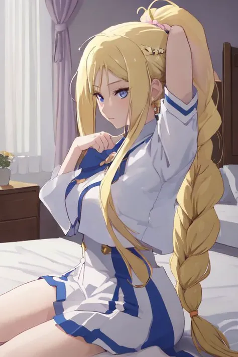 ((best quality)), pretty, aliciaf, blonde hair,braided ponytail,blue eyes, bedroom