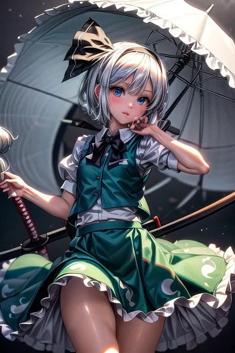 konpaku_youmu_touhou, normal ears, human ears, sshort_hair, ribbon, hairband, black_hairband, hair_ribbon, black_ribbon, bangs, white_hair, vest, blue_eyes, green_vest, sword, katana, hitodama, bow, blush, black_bow, grey_hair, white dress, hat, sailor collar, (masterpiece:1.1)intricate eyes,beautiful detailed eyes,symmetrical eyes,(deep blue eyes), (glowing eyes:1), glowing eyes,((((lustrous skin:1.5,tanned skin,bright skin: 1.5, shiny skin,shiny body,Reflective skin)))),(detailed face)),beautiful detailed lips, cute,opulent,sumptuous,(centered,scale to fit dimensions,Rule of thirds), (ultra detailed,extremely detailed),(photorealistic artwork:1.37),(extremely detailed CG unity 8k wallpaper),(((vibrant colors,vibrant theme))),(intricate),(masterpiece),(best quality),