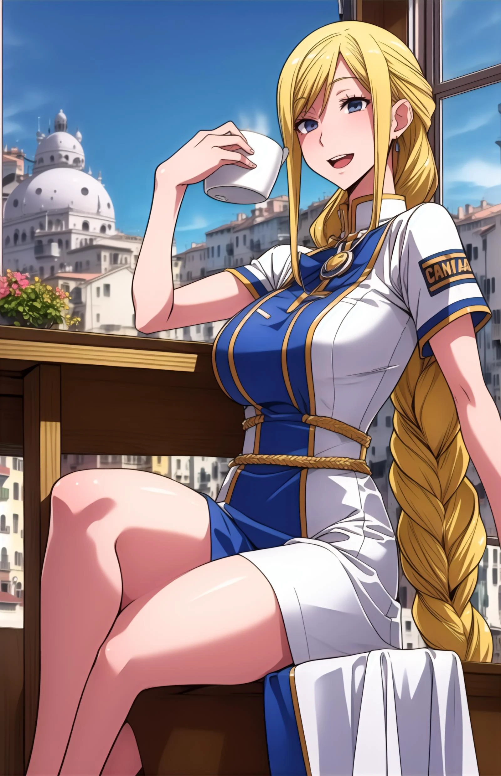 1girl,<lora:add detail:0.35><lora:GoodHands-vanilla:1>
,,aliciaf,blonde hair,braided ponytail,blue eyes,,<lora:aria-alicia-wasabiya:0.75>, smile, (aria company uniform:1.1),large breasts, white dress, lips, open mouth,
tiny_waist,(Indoor venice chair window),desk Mug coffee steam, arm up, sitting,
<lora:ST ooggata mav3:1>