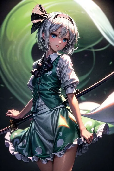 konpaku_youmu_touhou, normal ears, human ears, sshort_hair, ribbon, hairband, black_hairband, hair_ribbon, black_ribbon, bangs, white_hair, vest, blue_eyes, green_vest, sword, katana, hitodama, bow, blush, black_bow, grey_hair, white dress, hat, sailor collar, (masterpiece:1.1)intricate eyes,beautiful detailed eyes,symmetrical eyes,(deep blue eyes), (glowing eyes:1), glowing eyes,((((lustrous skin:1.5,tanned skin,bright skin: 1.5, shiny skin,shiny body,Reflective skin)))),(detailed face)),beautiful detailed lips, cute,opulent,sumptuous,(centered,scale to fit dimensions,Rule of thirds), (ultra detailed,extremely detailed),(photorealistic artwork:1.37),(extremely detailed CG unity 8k wallpaper),(((vibrant colors,vibrant theme))),(intricate),(masterpiece),(best quality),