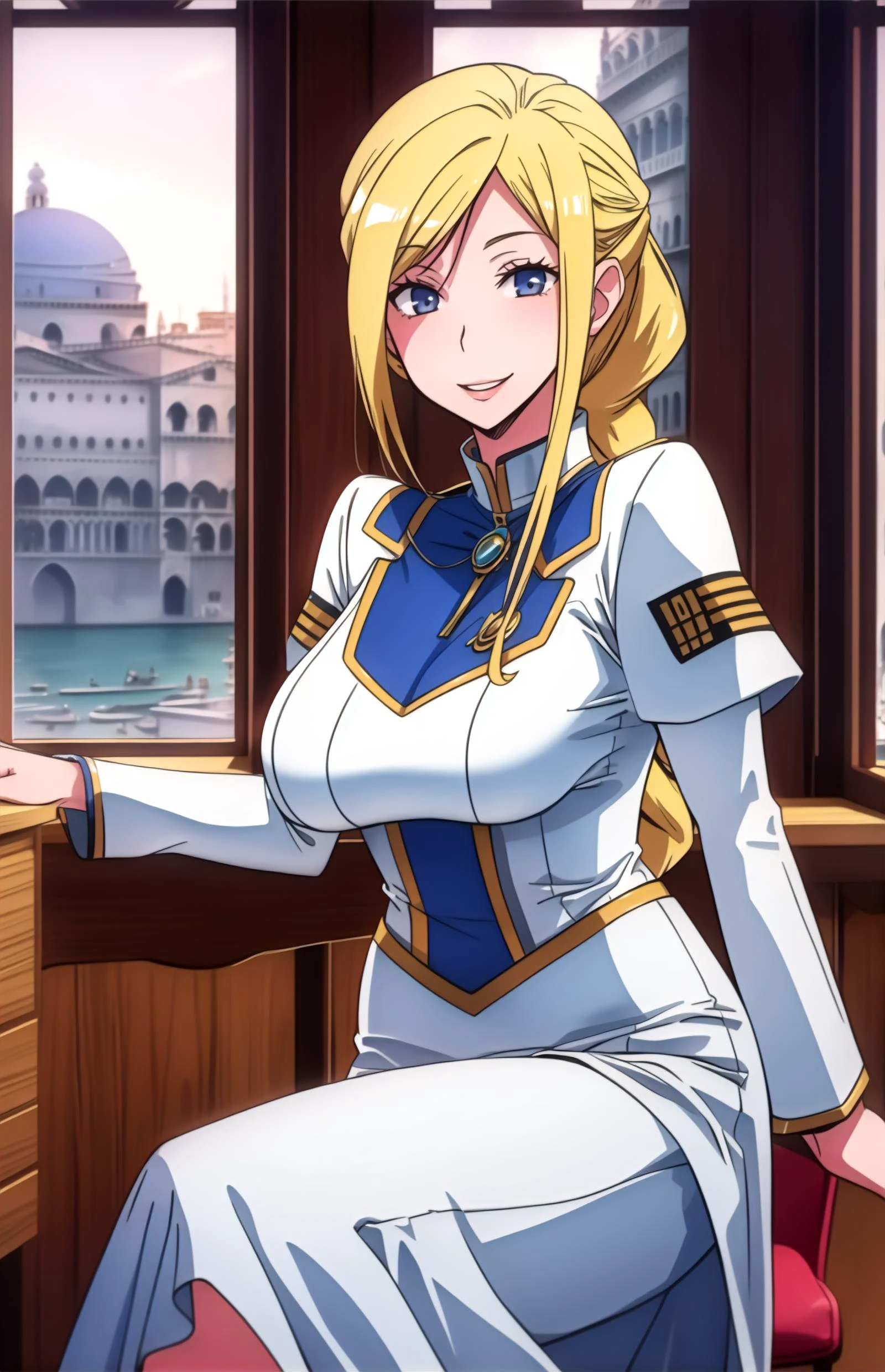 1girl,<lora:add detail:-0.25><lora:GoodHands-vanilla:1>
,,aliciaf,blonde hair,braided ponytail,blue eyes,,<lora:aria-alicia-wasabiya:0.75>, smile, (aria company uniform:1.1),large breasts, white dress, lips,
tiny_waist,(Indoor venice chair window desk sitting),,
<lora:ST ooggata mav3:1>