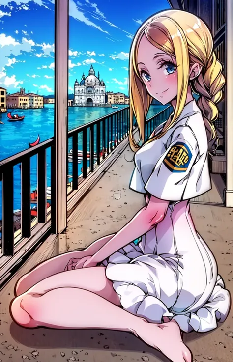 1girl,<lora:add detail:0.35><lora:GoodHands-vanilla:1>
,,aliciaf,blonde hair,braided ponytail,blue eyes,white dress,,<lora:aria-alicia-wasabiya:0.65>, smile, aria company uniform, 
, tiny_waist,looking at viewer, outdoors, venice,from side,warking
 <lora:ST EndouOkitov2:0.3> <lora:ST enoki70:0.75>