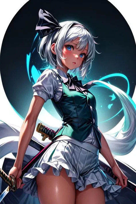 konpaku_youmu_touhou, normal ears, human ears, sshort_hair, ribbon, hairband, black_hairband, hair_ribbon, black_ribbon, bangs, white_hair, vest, blue_eyes, green_vest, sword, katana, hitodama, bow, blush, black_bow, grey_hair, white dress, hat, sailor collar, (masterpiece:1.1)intricate eyes,beautiful detailed eyes,symmetrical eyes,(deep blue eyes), (glowing eyes:1), glowing eyes,((((lustrous skin:1.5,tanned skin,bright skin: 1.5, shiny skin,shiny body,Reflective skin)))),(detailed face)),beautiful detailed lips, cute,opulent,sumptuous,(centered,scale to fit dimensions,Rule of thirds), (ultra detailed,extremely detailed),(photorealistic artwork:1.37),(extremely detailed CG unity 8k wallpaper),(((vibrant colors,vibrant theme))),(intricate),(masterpiece),(best quality),