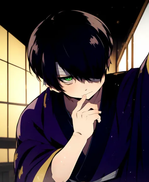 takasugi, 1boy, green eyes, short hair,  black hair, solo, japanese clothes, kimono, hair over one eye, bandages, bandage over one eye, male focus, holding smoking pipe, night