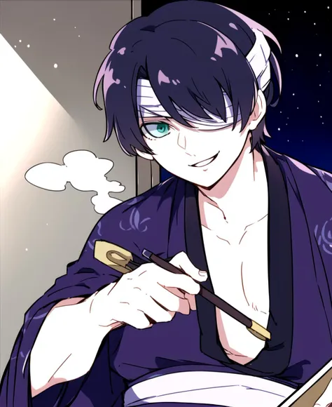 takasugi, 1boy, green eyes, short hair,  black hair, solo, japanese clothes, kimono, hair over one eye, bandages, bandage over one eye, male focus, night, smile, holding smoking pipe