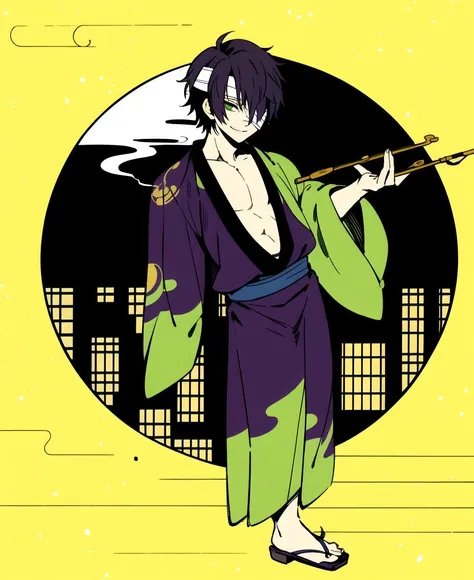 takasugi, 1boy, green eyes, short hair,  black hair, solo, japanese clothes, kimono, hair over one eye, bandages, bandage over one eye, male focus, night, smile, holding smoking pipe, full body