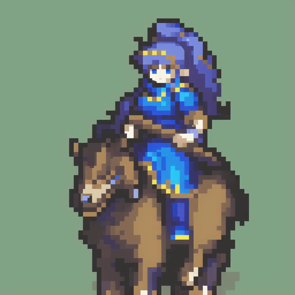 FEGBA,pixelart,gunner,gun,holding gun,16 bit,16 bit pixelart,1girl, blue, cavalry, riding wolf, riding dog,<lora:FEGBA8:0.5>